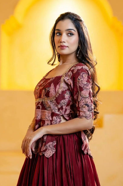 Maroon Chinon Lehenga with Kalamkari Crop Top & Jacket