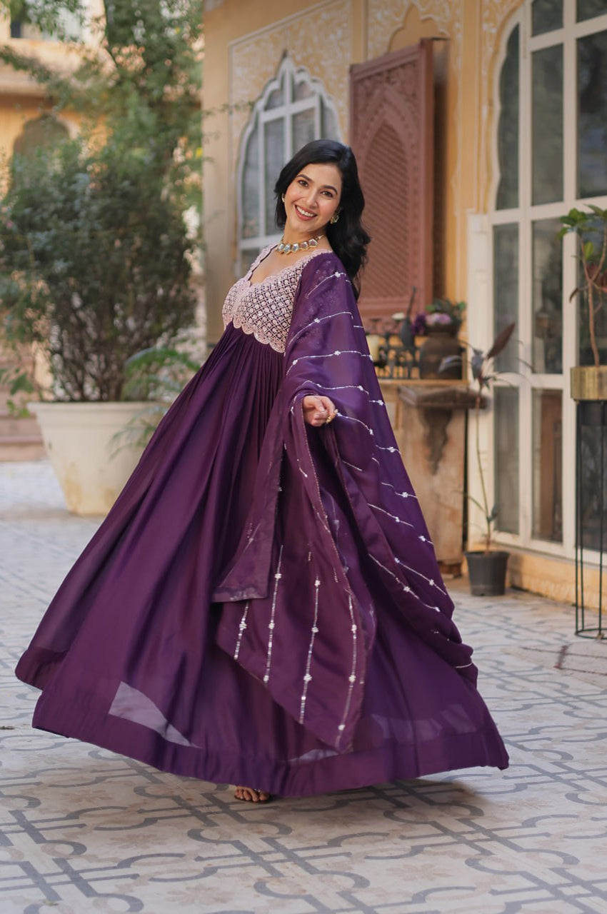 Designer Star Georgette Gown with Beads & Sequins Work + Dupatta
