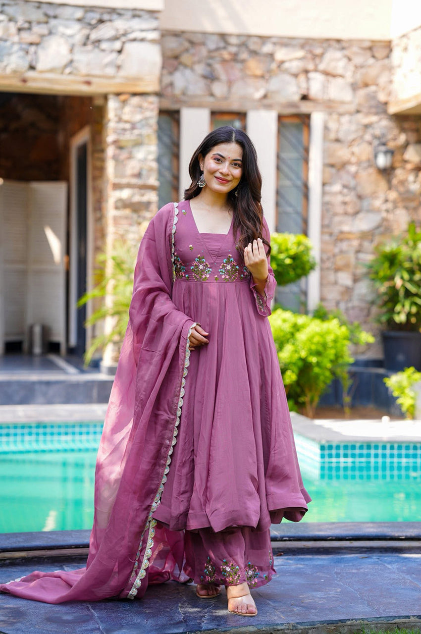 Faux Georgette Embroidered Party Wear Set – Long Top, Plazzo & Dupatta