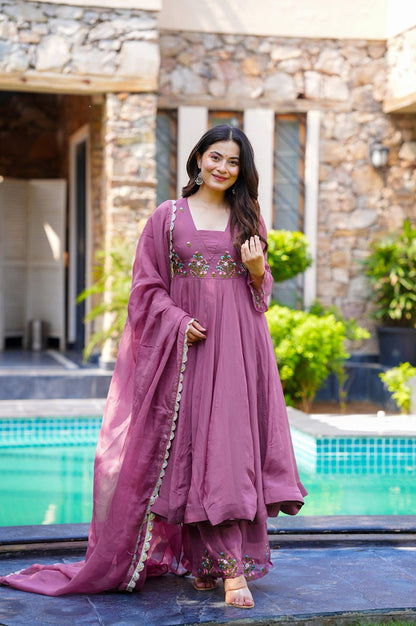 Faux Georgette Embroidered Party Wear Set – Long Top, Plazzo & Dupatta