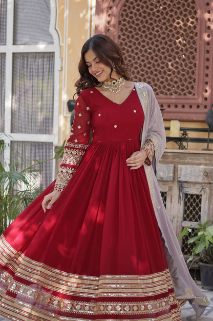 Maroon Designer Gown Set with Zari Sequin Embroidery & Faux Dupatta