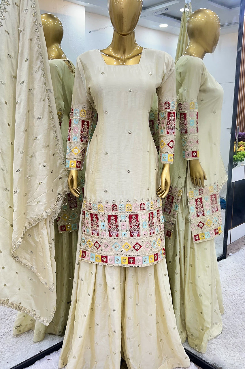 Cream Chinon Silk Embroidered Gharara Suit Set with Dupatta