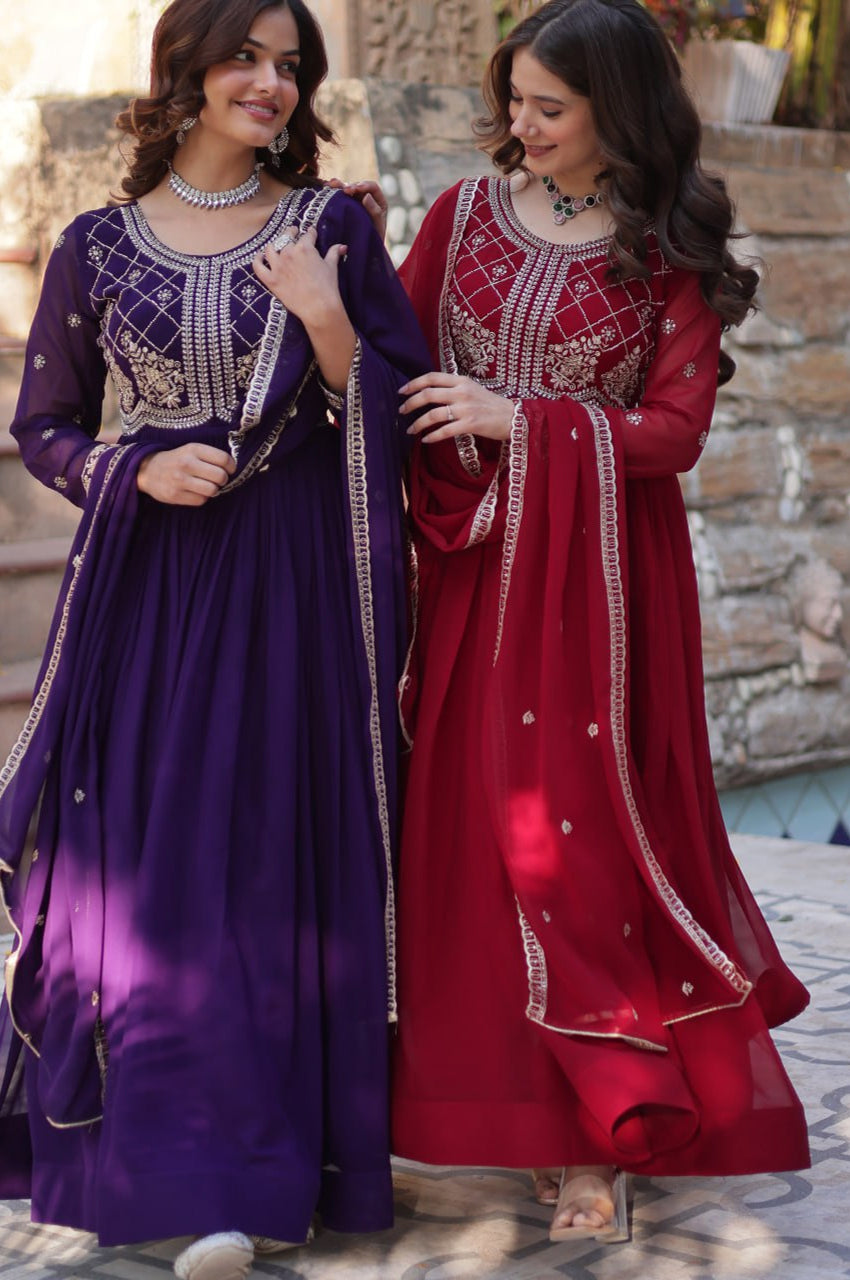 Premium Faux Blooming Embroidered Gown with Dupatta (Maroon & Purple)
