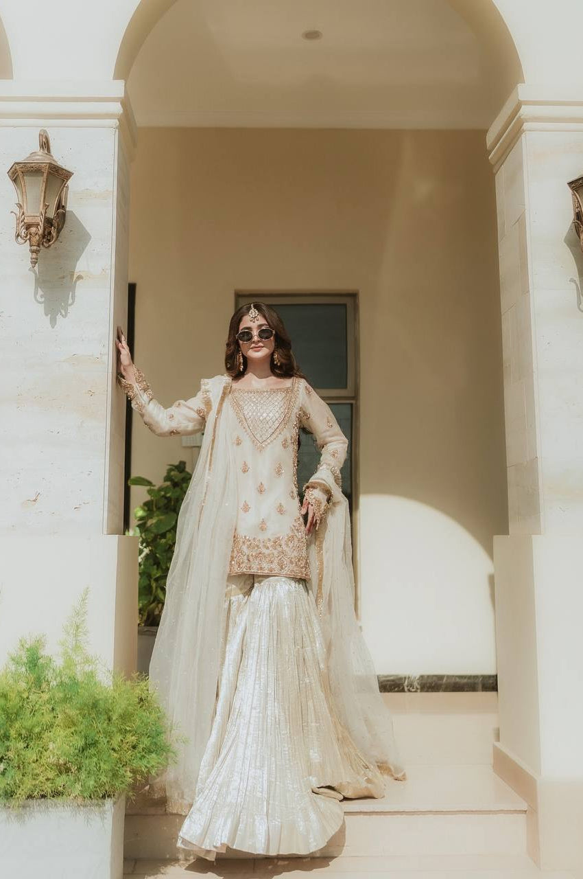 Embroidered Fox Georgette Sharara Suit with Moti Work Net Dupatta – Fully Stitched Elegance