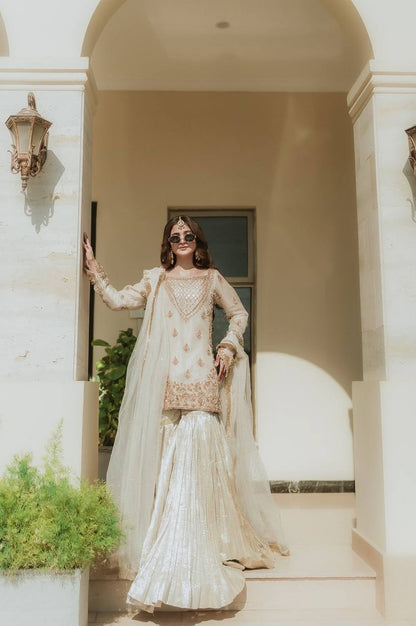 Embroidered Fox Georgette Sharara Suit with Moti Work Net Dupatta – Fully Stitched Elegance