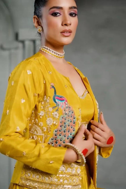 Chinon Lehenga with Heavy Embroidered Crop Top & Jacket