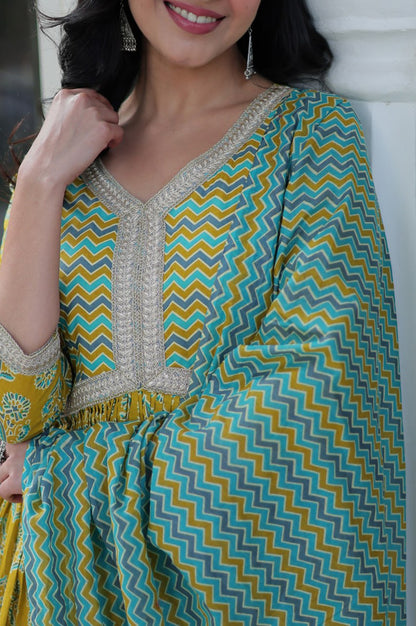 Pure Cotton Kurti Pant Dupatta Set | Coffee & Green | Ethnic Luxe