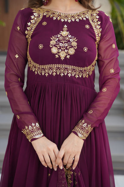 Green & Purple Premium Zari Embroidered Gown with Dupatta