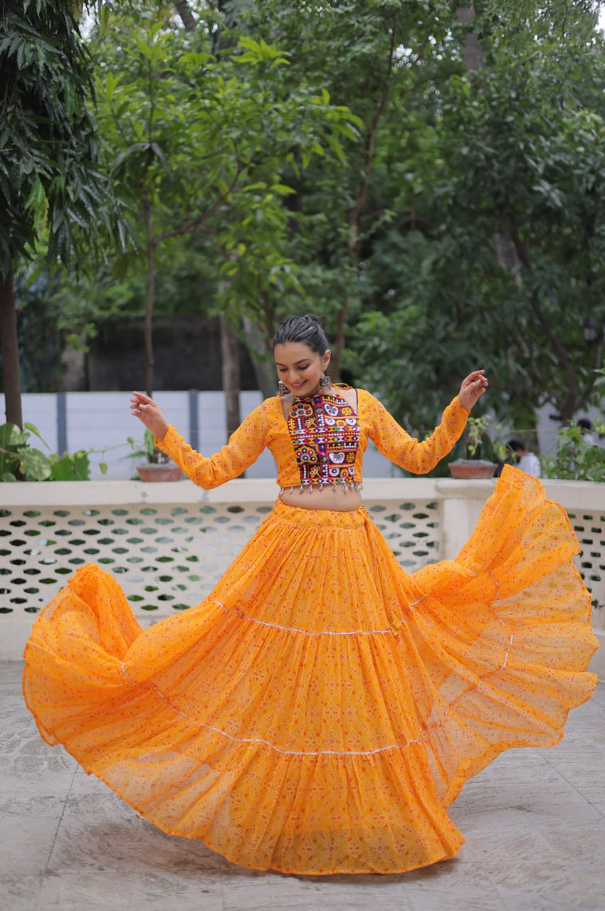 Bandhej Print Navratri Lehenga Choli with Gamthi Embroidery & Gotta Patti Lace – 12 Meter Flair (Fully Stitched)