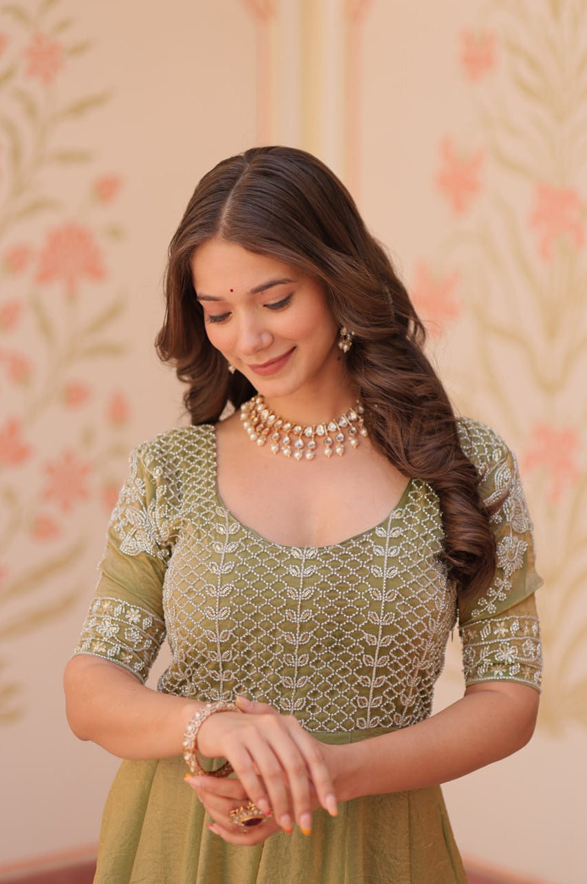 Blue & Green Beads Embroidered Fendy Gown