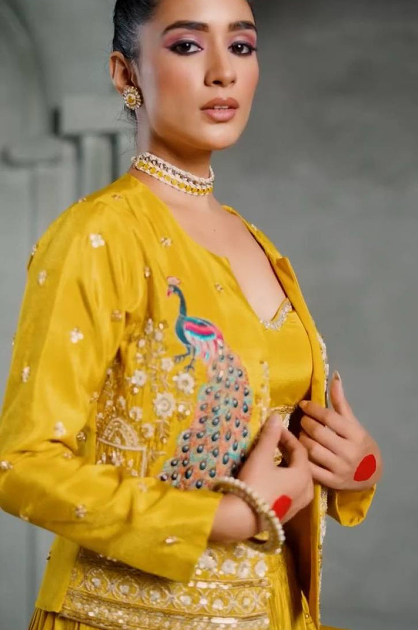 Chinon Lehenga with Heavy Embroidered Crop Top & Jacket