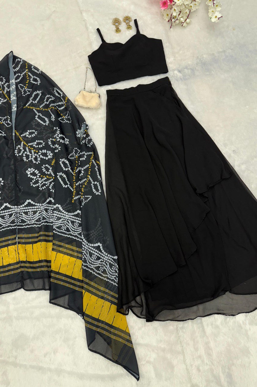 Black Indo-Western Drape Skirt Set with Embroidered Blouse & Shrug