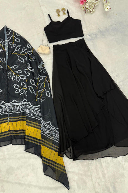 Black Indo-Western Drape Skirt Set with Embroidered Blouse & Shrug