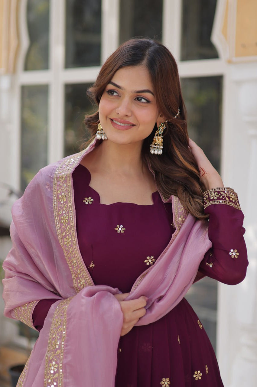Star Georgette Gown with Dupatta | Maroon | Embroidered Edition