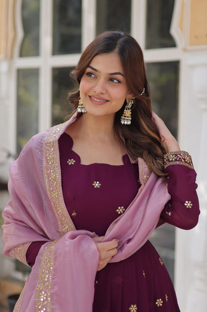 Star Georgette Gown with Dupatta | Maroon | Embroidered Edition