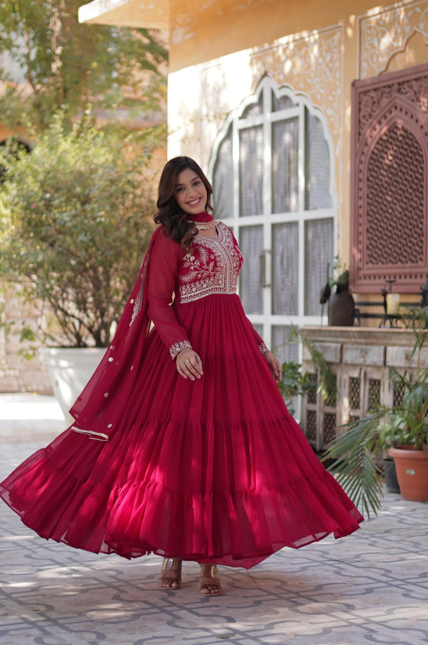 Premium Faux Blooming Gown with Pearl Embroidery & Dupatta (Red)