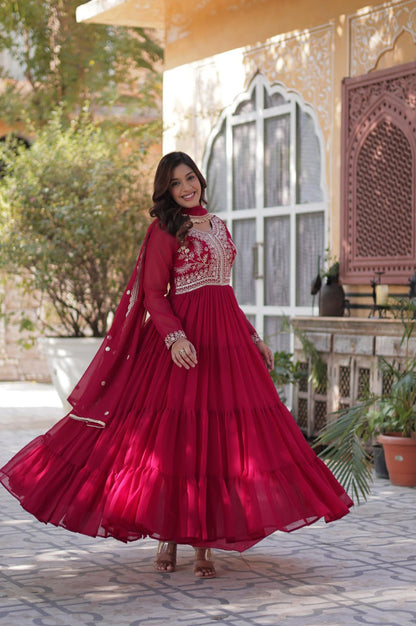 Premium Faux Blooming Gown with Pearl Embroidery & Dupatta (Red)