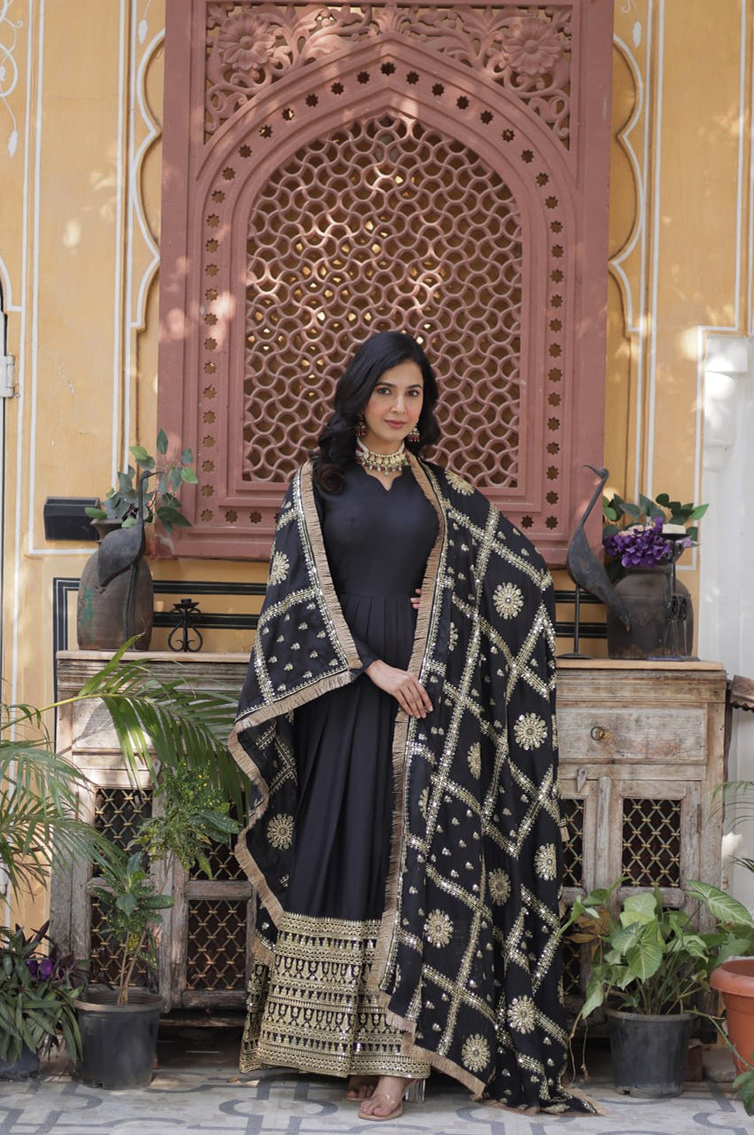 Black & Maroon Star  Gown with Dupatta – Ready-to-Wear Collection