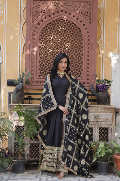 Black & Maroon Star  Gown with Dupatta – Ready-to-Wear Collection