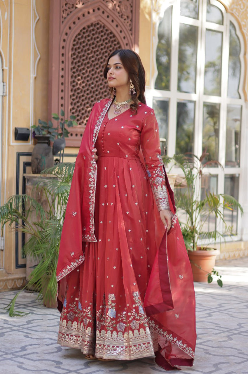 Viscose Cosmos Embroidered Gown Set | Red  | Elegant Festive Wear