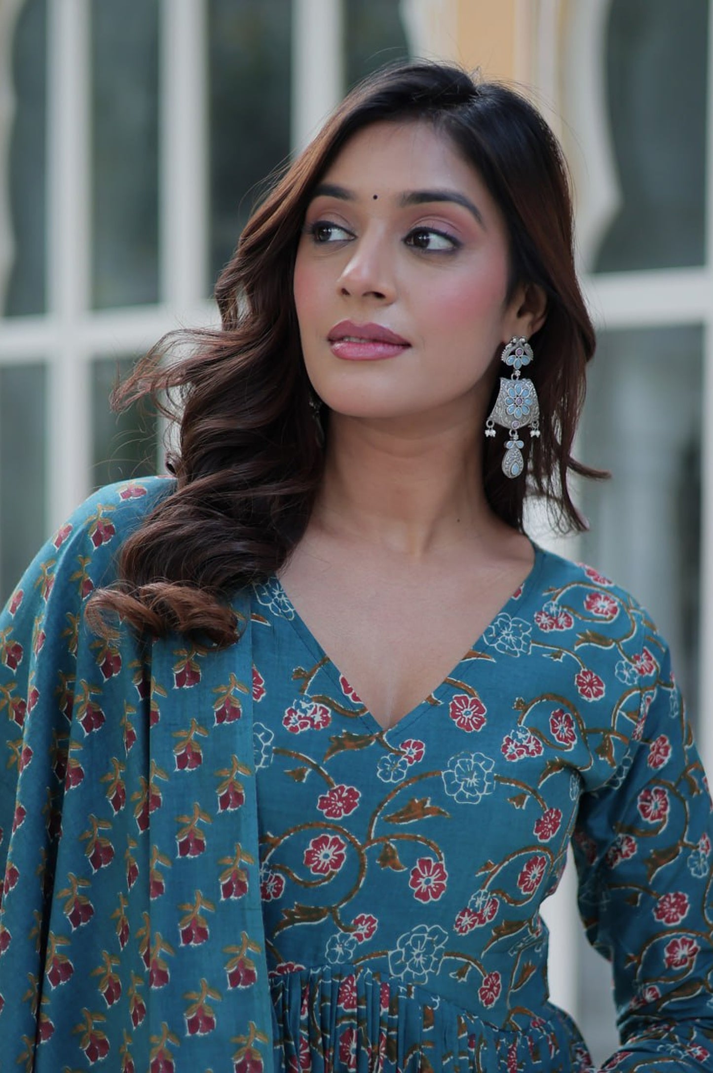 Blue & Red Premium Cotton Kurti with Pant and Dupatta Set