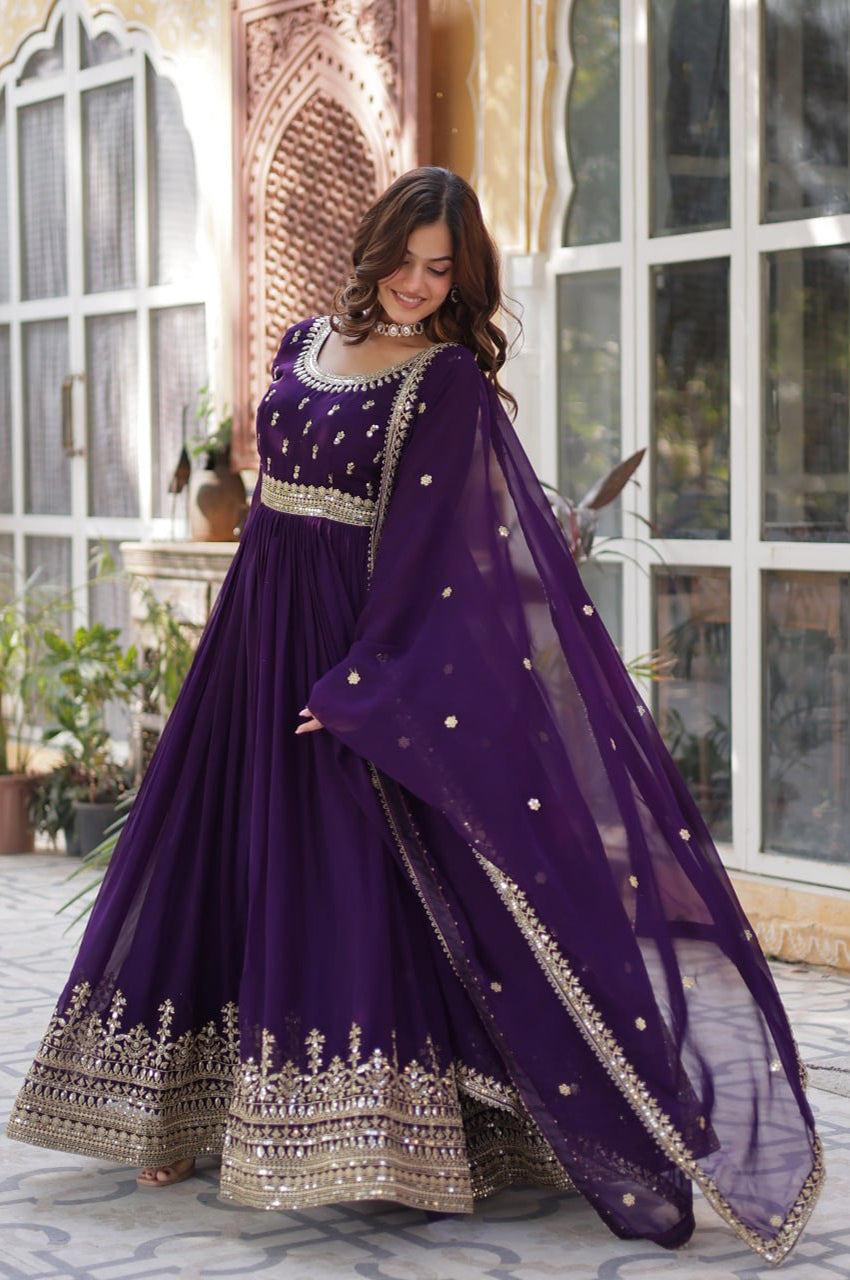 Maroon & Purple Faux Embroidered Gown with Dupatta – Regal Edition