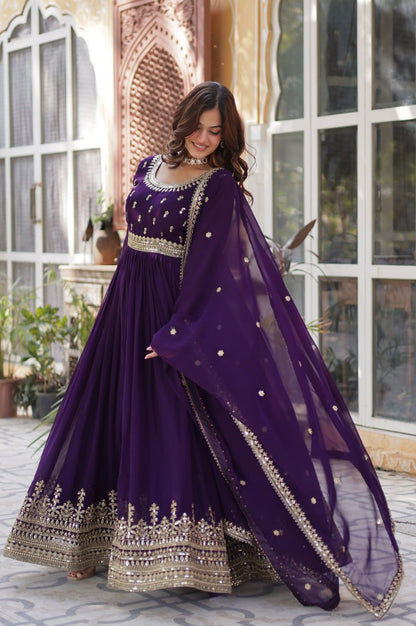 Maroon & Purple Faux Embroidered Gown with Dupatta – Regal Edition