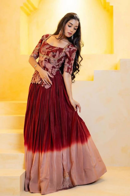 Maroon Chinon Lehenga with Kalamkari Crop Top & Jacket