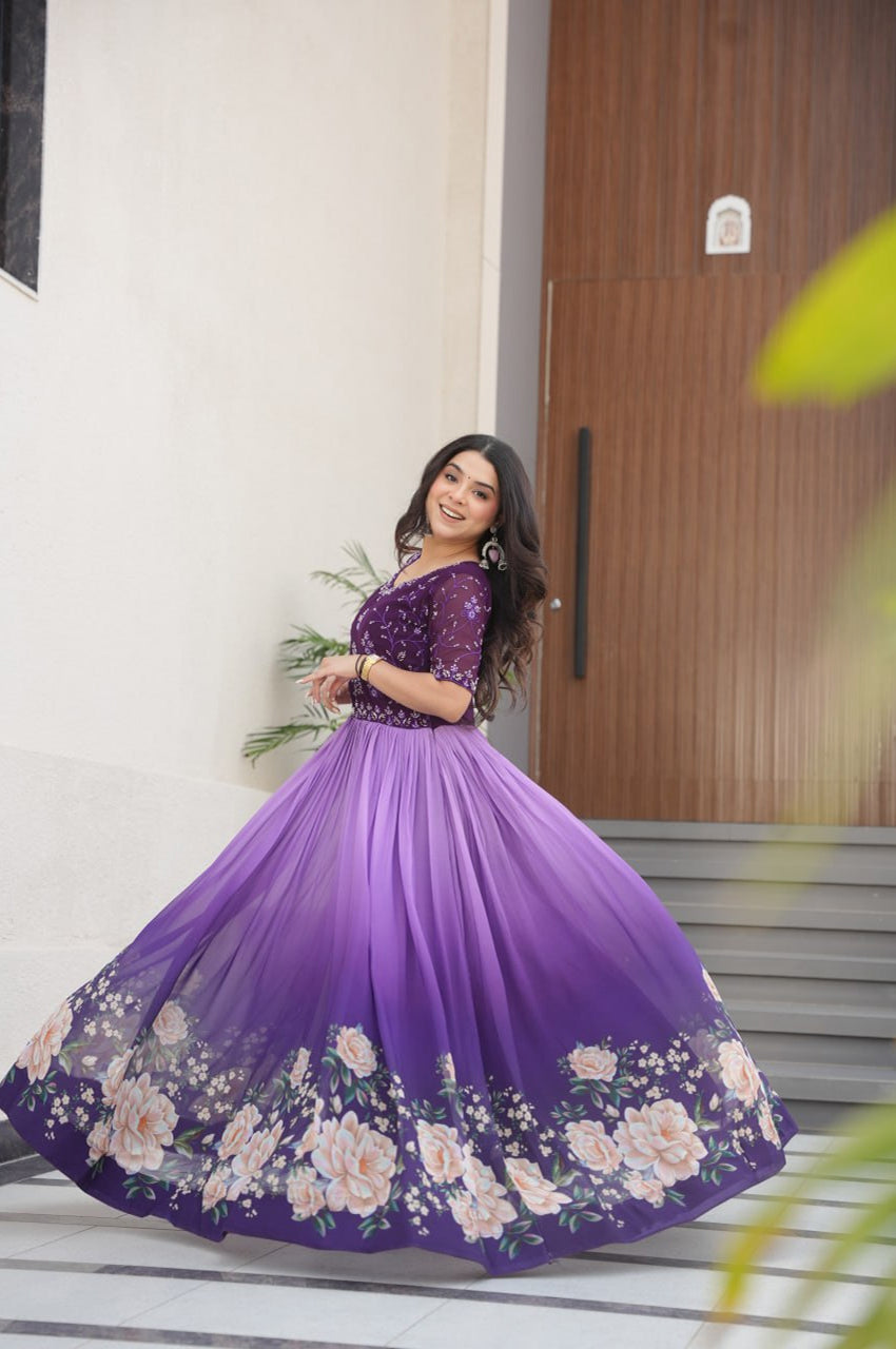 Designer Blue & Purple Gown with Embroidery & Floral Digital Print