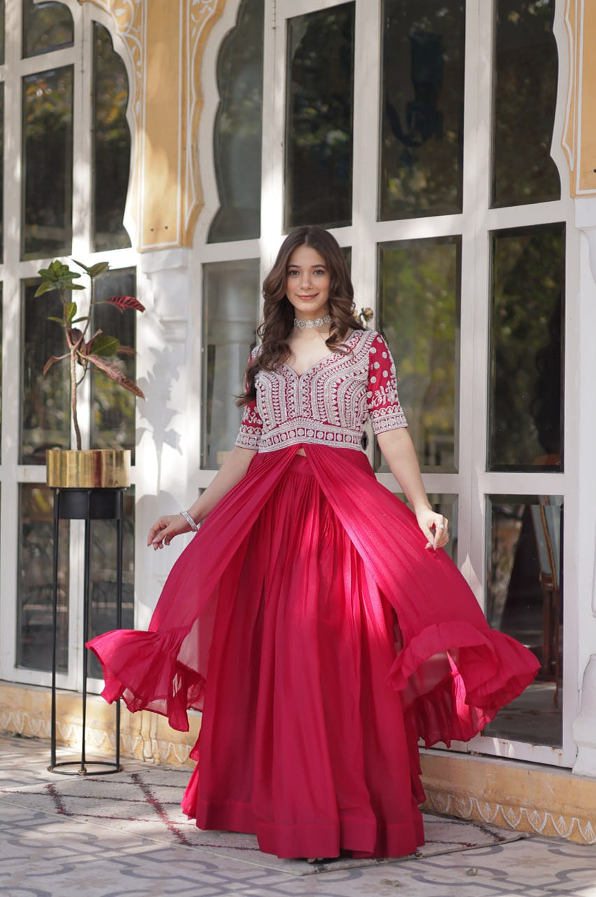 Slit-Cut Long Kurti with Lehenga Set | Purple & Red