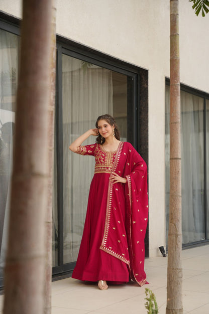 Premium Vichitra Silk Gown with Dupatta (Red & Purple Variants)