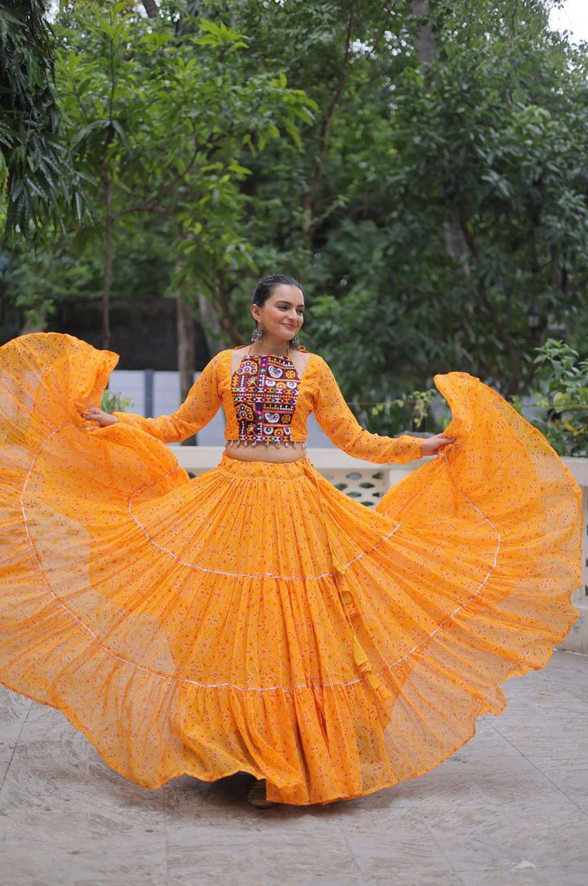 Bandhej Print Navratri Lehenga Choli with Gamthi Embroidery & Gotta Patti Lace – 12 Meter Flair (Fully Stitched)