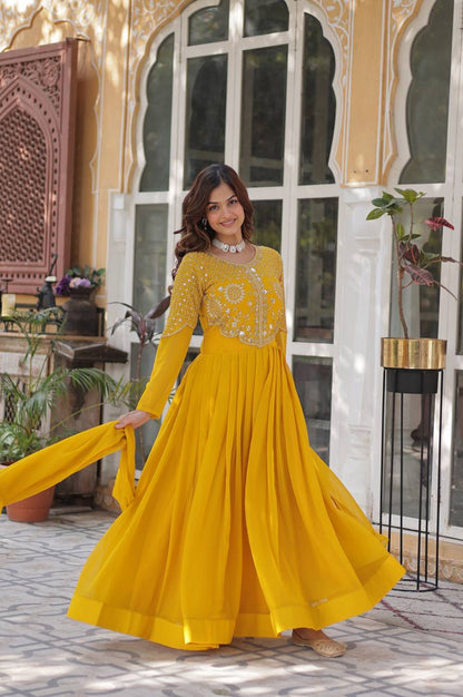 Yellow & Red Faux Blooming Designer Gown with Dupatta