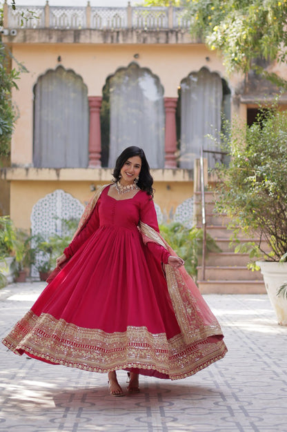 Rani Pink & Green Vichitra Gown with Dupatta – Festive Flair Edition