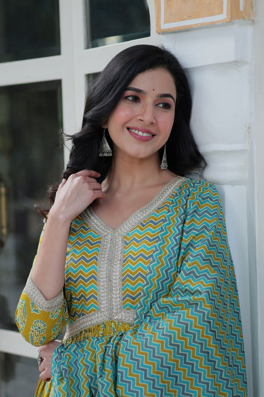 Pure Cotton Kurti Pant Dupatta Set | Coffee & Green | Ethnic Luxe