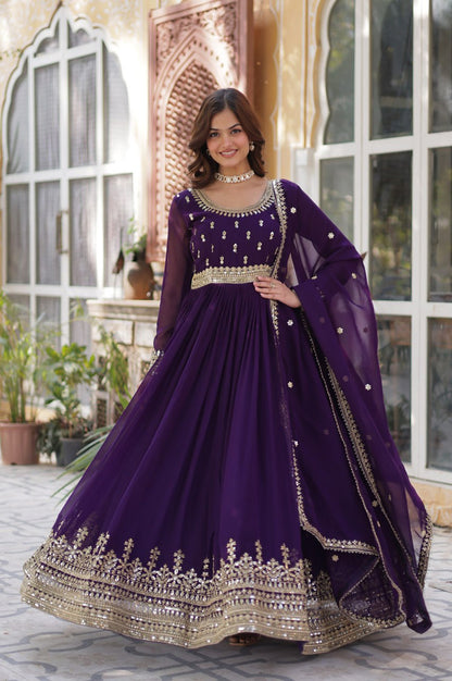Maroon & Purple Faux Embroidered Gown with Dupatta – Regal Edition