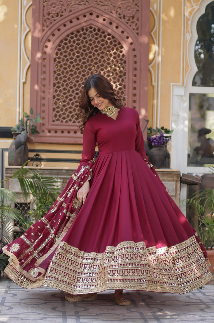 Black & Maroon Star  Gown with Dupatta – Ready-to-Wear Collection