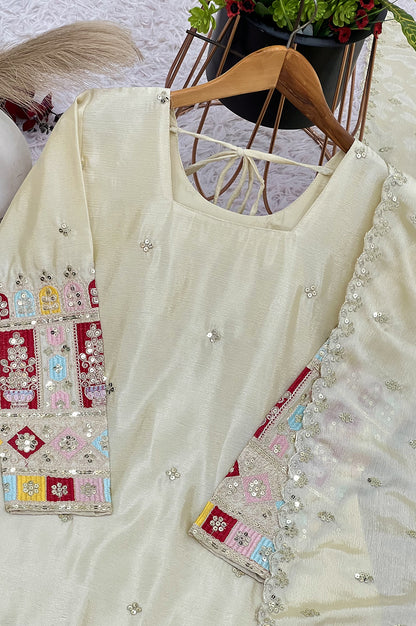 Cream Chinon Silk Embroidered Gharara Suit Set with Dupatta