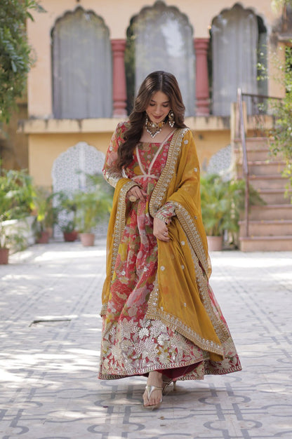 Elegant Alia Cut Russian Silk Gown with Dupatta (Orange & Green)