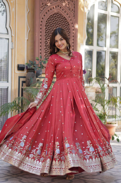 Viscose Cosmos Embroidered Gown Set | Red  | Elegant Festive Wear