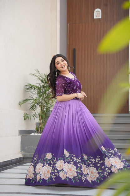 Designer Blue & Purple Gown with Embroidery & Floral Digital Print
