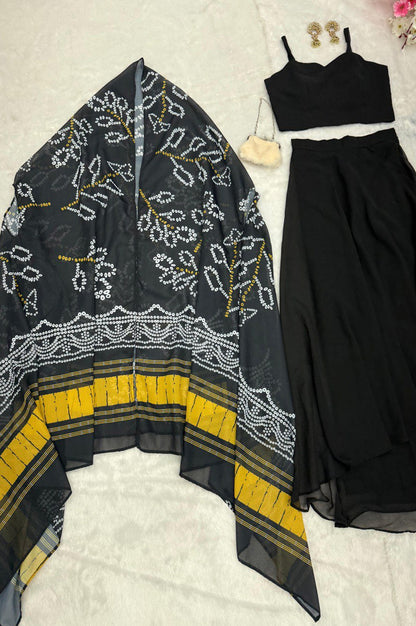 Black Indo-Western Drape Skirt Set with Embroidered Blouse & Shrug