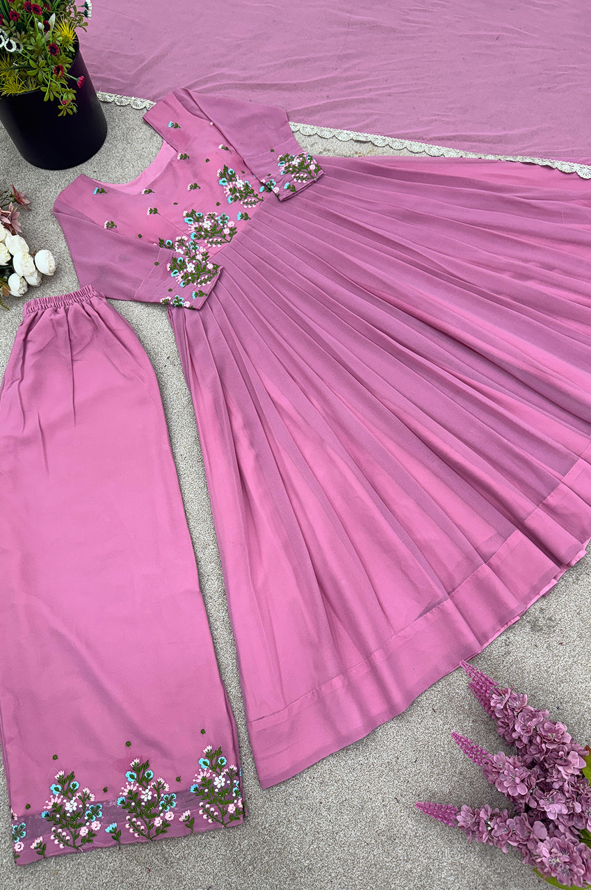 Faux Georgette Embroidered Party Wear Set – Long Top, Plazzo & Dupatta