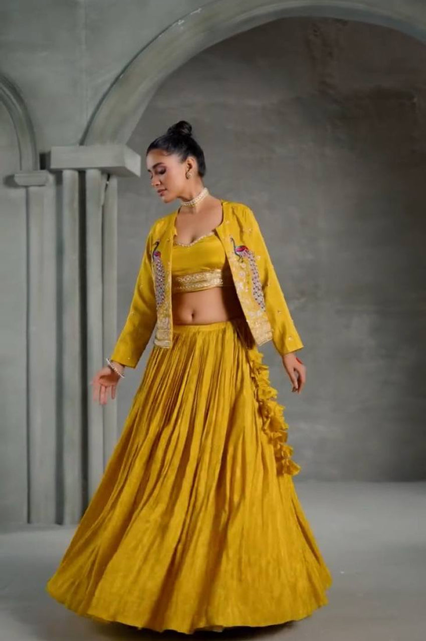 Chinon Lehenga with Heavy Embroidered Crop Top & Jacket