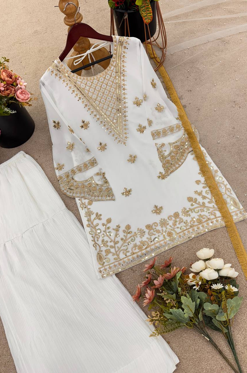 Embroidered Fox Georgette Sharara Suit with Moti Work Net Dupatta – Fully Stitched Elegance