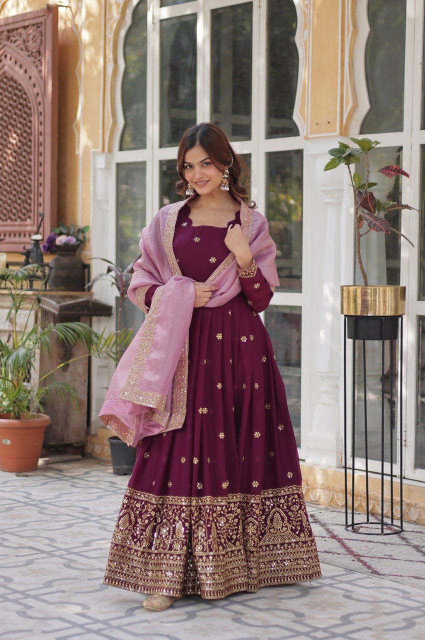 Star Georgette Gown with Dupatta | Maroon | Embroidered Edition
