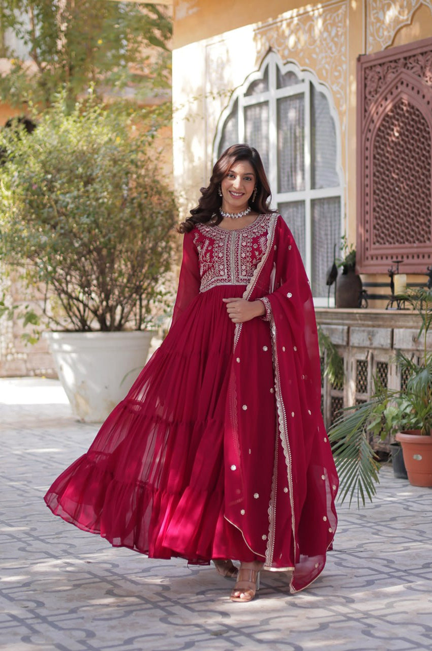 Premium Faux Blooming Gown with Pearl Embroidery & Dupatta (Red)