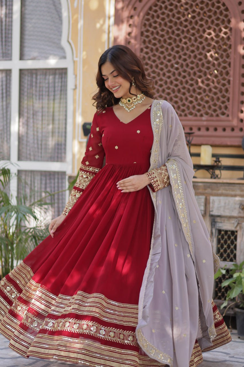 Maroon Designer Gown Set with Zari Sequin Embroidery & Faux Dupatta