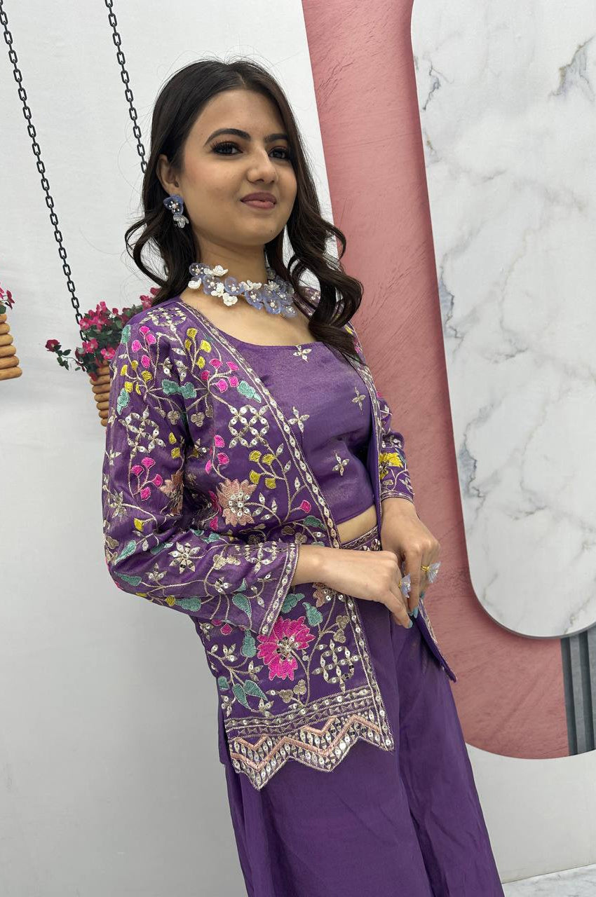 Violet Red & Violet Choli with Embroidered Shrug & Plazzo