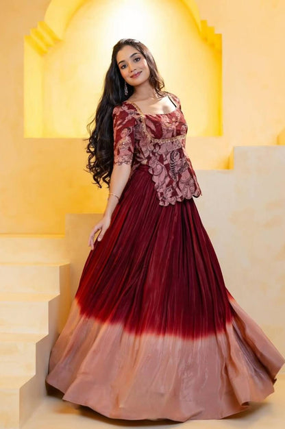 Maroon Chinon Lehenga with Kalamkari Crop Top & Jacket